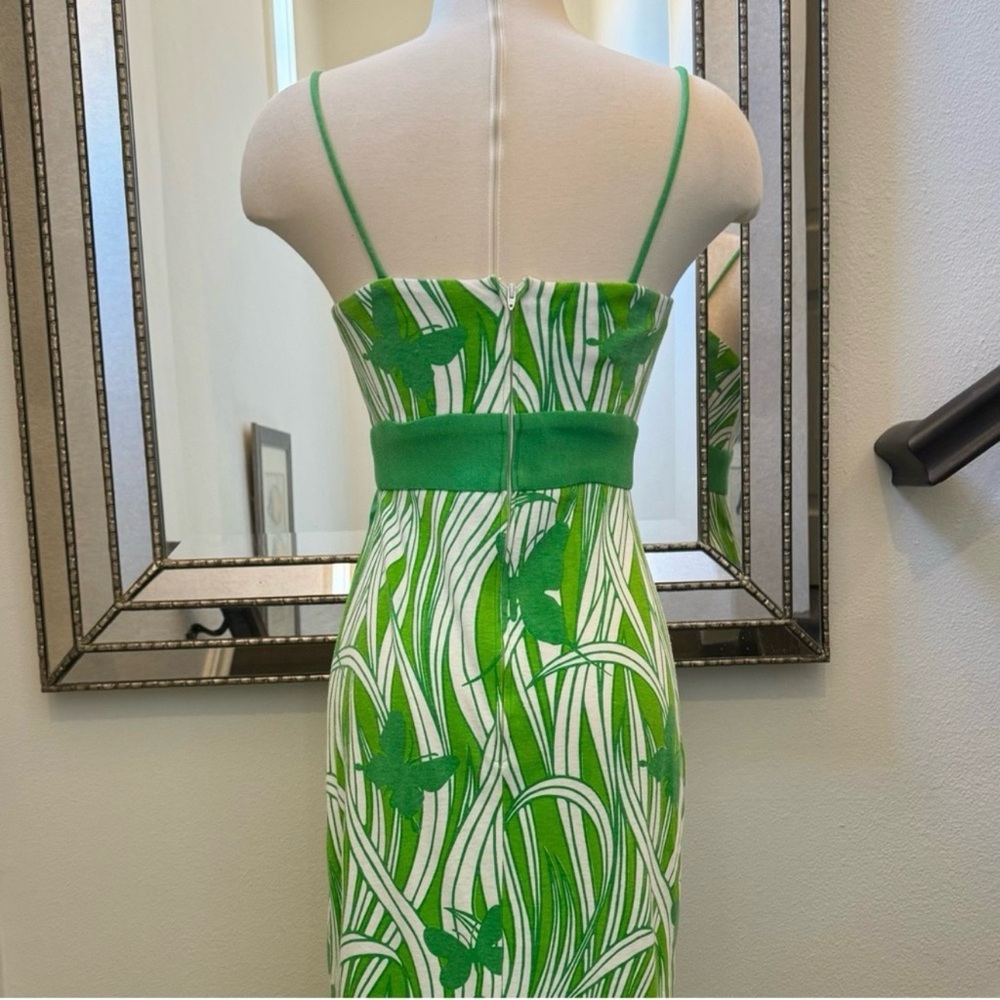 Miss Shaheen Vintage Hawaiian Butterfly Print Green Maxi Dress Column Gown 10 - Picture 8 of 12
